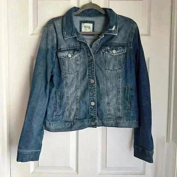 MUDD JUNIOR TEEN GIRLS WOMENS L DENIM JEAN JACKET DISTRESSED BUTTON MED WASH - Picture 1 of 5